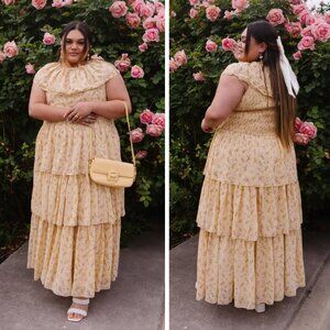 NEW Ivy City Co. Darla Yellow Floral Tiered Maxi Dress Bohemian Wedding Party